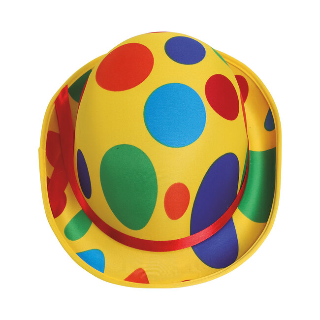 Hoed - Bolhoed - Clown - Geel met gekleurde stippen