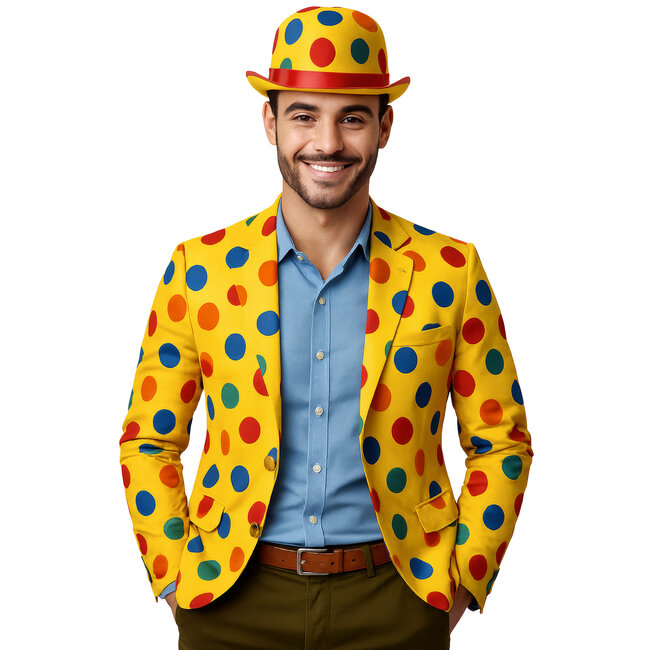 Guirca Creations Hoed - Bolhoed - Clown - Geel met gekleurde stippen