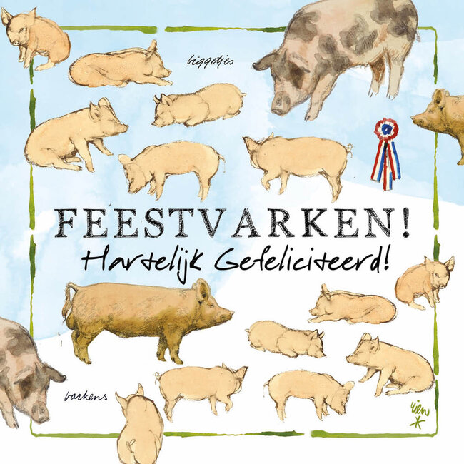 Comello Kaartenmapje - 10st. - 4 designs -  - Rien Poortvliet - Lang leve de boerderij - Feestvarken - 12x12cm