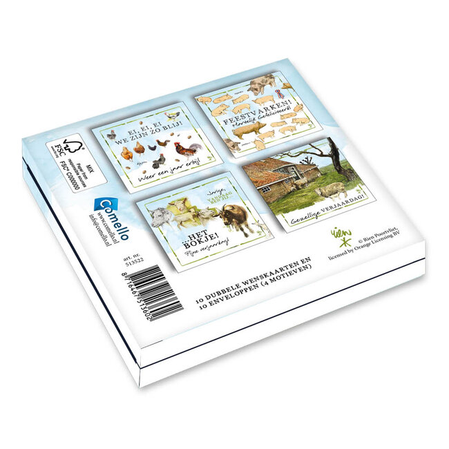 Comello Kaartenmapje - 10st. - 4 designs -  - Rien Poortvliet - Lang leve de boerderij - Feestvarken - 12x12cm