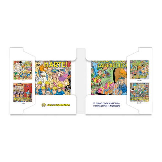 Comello Kaartenmapje - 10st. - 4 designs - Jan van Haasteren - Tijd voor cadeautjes - 12x12cm