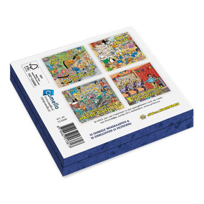Comello Kaartenmapje - 10st. - 4 designs - Jan van Haasteren - Tijd voor cadeautjes - 12x12cm
