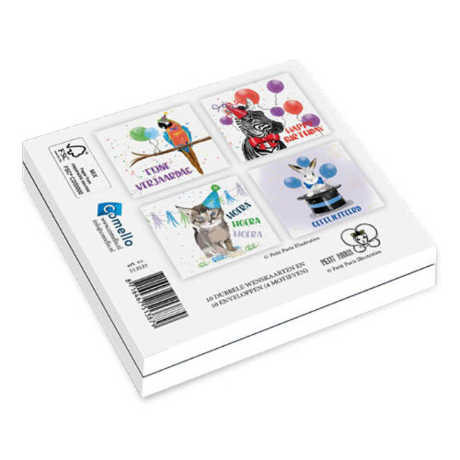 Comello Kaartenmapje - 10st. - 4 designs - Petit Paris - Zebra - 12x12cm