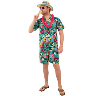 PartyXplosion Hawaii set - Broek & blouse - Blauw - L