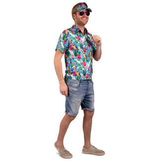 PartyXplosion Kostuum - Blouse - Hawaii - Met zonneklep - Blauw - M/L