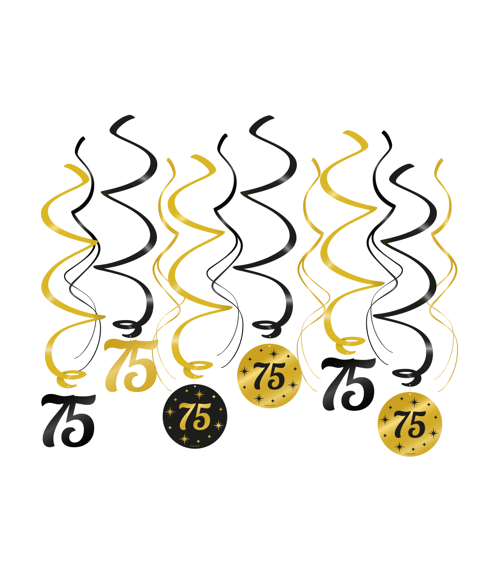 Hangdecoratie - 75 jaar - Swirls - Zwart / goud - 6dlg.