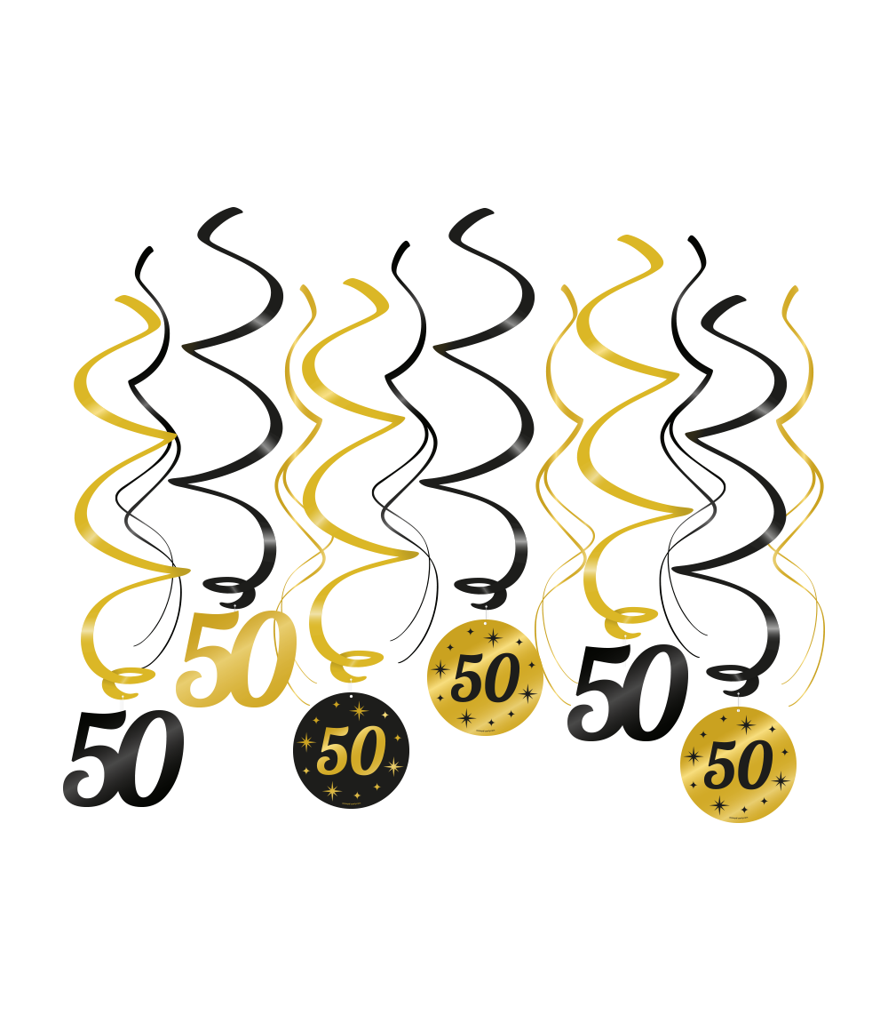 Hangdecoratie - 50 jaar - Swirls - Zwart / goud - 6dlg.