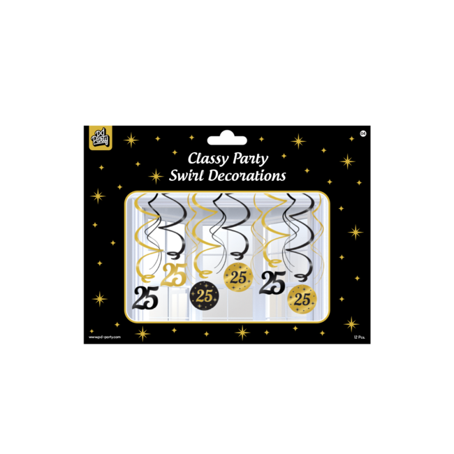 Paper Dreams Hangdecoratie - 25 jaar - Swirls - Zwart / goud - 6dlg.