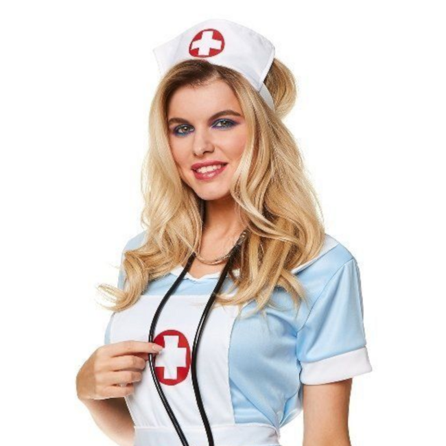 Partychimp Kostuum - Verpleegster - Jurk, schort & kapje - Lichtblauw - S