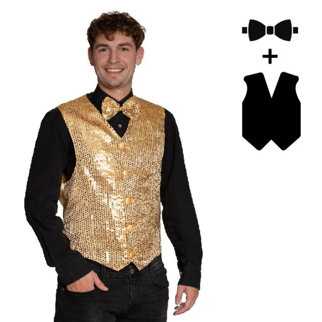Partychimp Gilet & vlinderstrik - Disco - Goud - Glanzend - XXL
