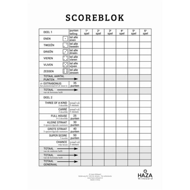 Haza-Witbaard Scoreblok - Yahtzee - Blok 50 vel