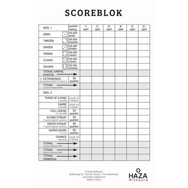 Haza-Witbaard Scoreblok - Yahtzee - Klein - Blok 250 vel