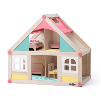 Poppenhuis - Met meubels en twee poppetjes - 39x26x36cm
