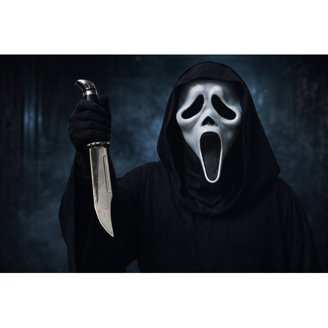 Partychimp Masker - Ghost face - Met capuchon, handschoenen & dolk - Licentie
