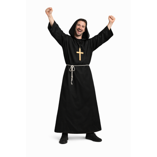 Partychimp Kostuum - Monnik - Met capuchon, kruis & koord - Zwart - XL/XXL