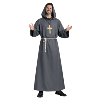 Partychimp Kostuum - Monnik - Met capuchon, kruis & koord - Grijs - XL/XXL