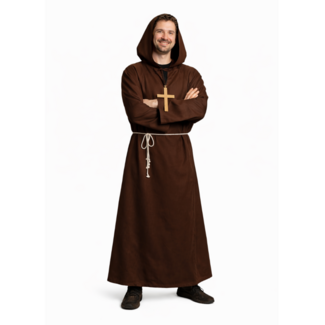 Partychimp Kostuum - Monnik - Met capuchon, kruis & koord - Bruin - XL/XXL
