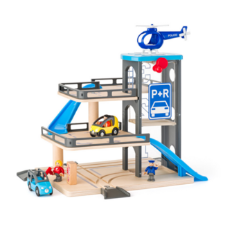 Parkeer garage - Klein - Hout - Inclusief 6 figuren - 30x28x22,5cm