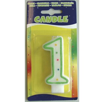 Verjaardagskaars 1 jaar - wit met gekleurde stippen