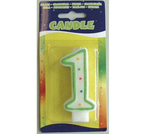 Verjaardagskaars 1 jaar - wit met gekleurde stippen