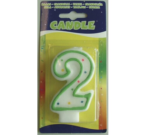 Verjaardagskaars 2 jaar - wit met gekleurde stippen