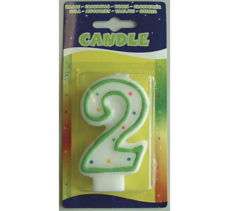 Verjaardagskaars 2 jaar - wit met gekleurde stippen