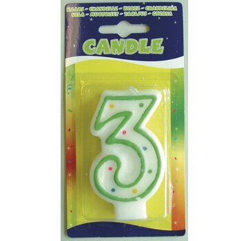 Verjaardagskaars 3 jaar - wit met gekleurde stippen