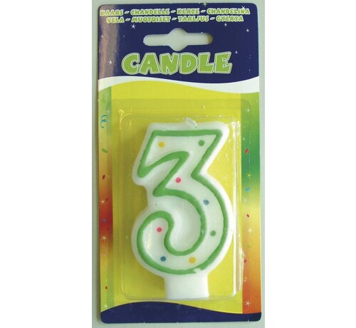 Verjaardagskaars 3 jaar - wit met gekleurde stippen