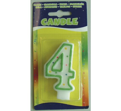 Verjaardagskaars 4 jaar - wit met gekleurde stippen
