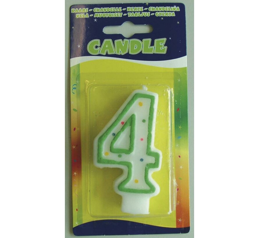 Verjaardagskaars 4 jaar - wit met gekleurde stippen