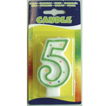 Verjaardagskaars 5 jaar - wit met gekleurde stippen