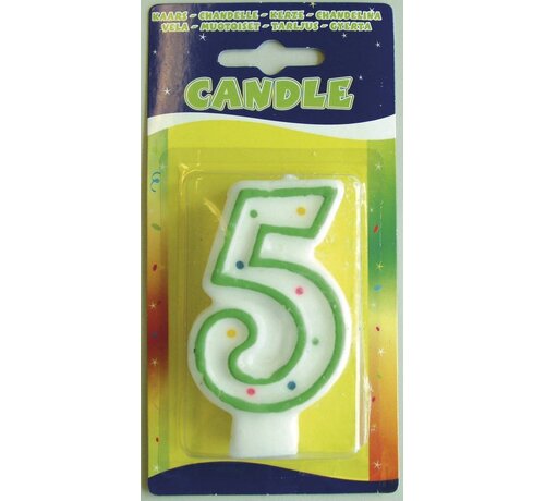 Verjaardagskaars 5 jaar - wit met gekleurde stippen