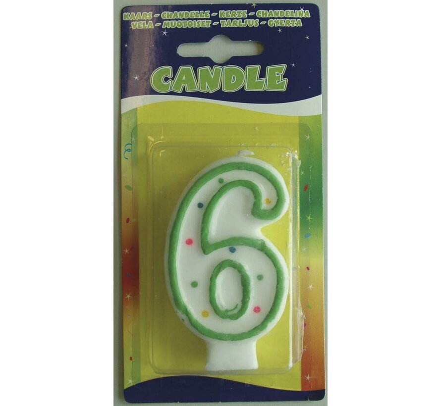 Verjaardagskaars 6 jaar - wit met gekleurde stippen