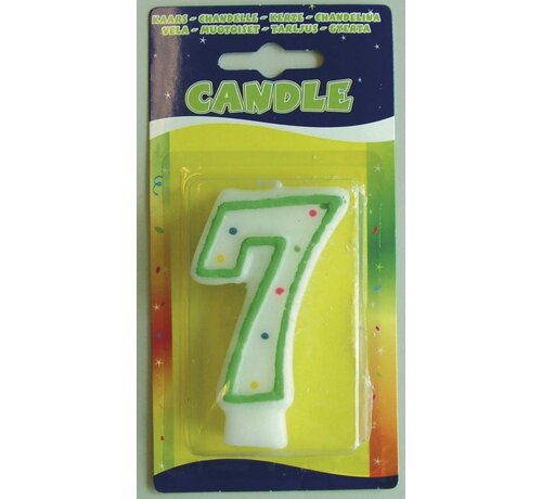 Verjaardagskaars 7 jaar - wit met gekleurde stippen
