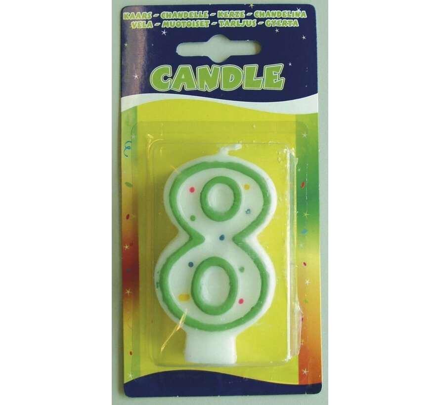 Verjaardagskaars 8 jaar - wit met gekleurde stippen