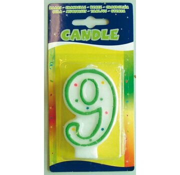 Verjaardagskaars 9 jaar - wit met gekleurde stippen