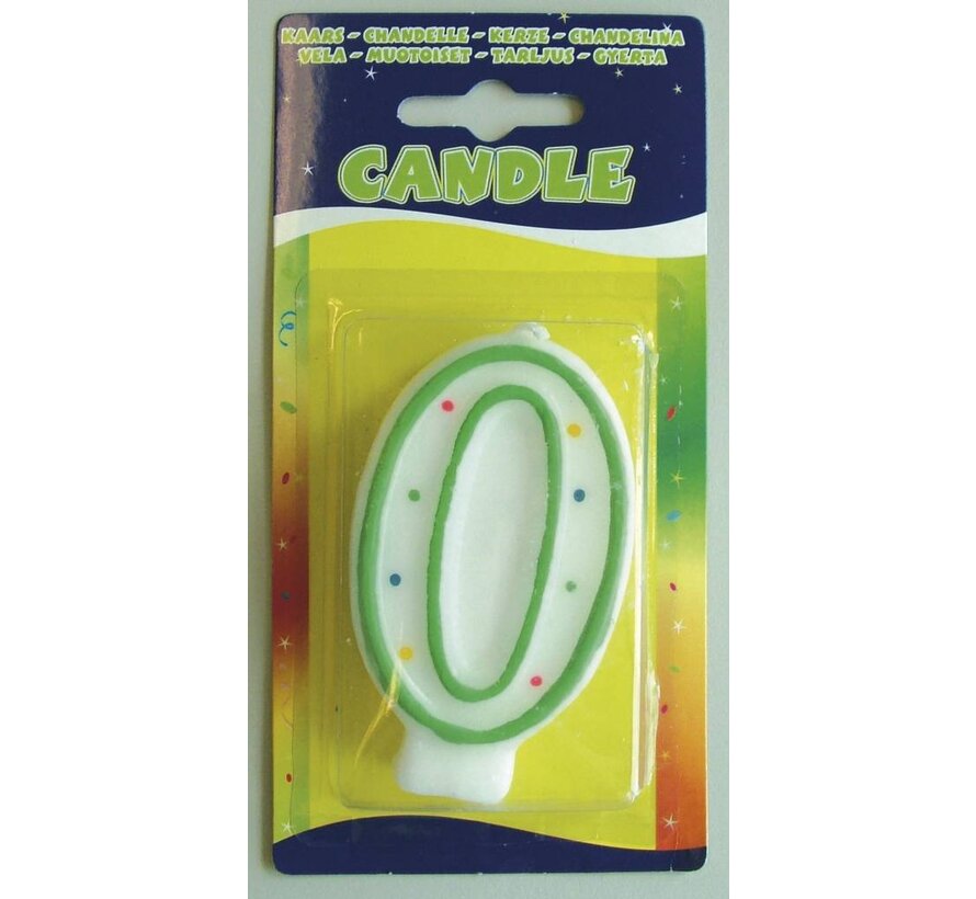 Verjaardagskaars 0 jaar - wit met gekleurde stippen