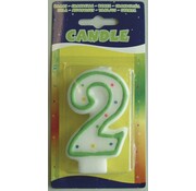 Verjaardagskaars 2 jaar - wit met gekleurde stippen