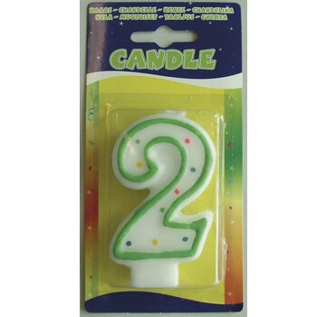 Verjaardagskaars 2 jaar - wit met gekleurde stippen