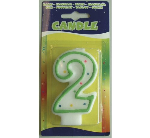 Verjaardagskaars 2 jaar - wit met gekleurde stippen