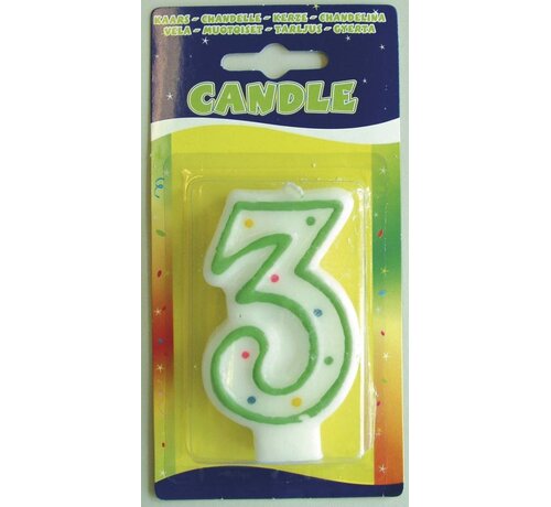 Verjaardagskaars 3 jaar - wit met gekleurde stippen