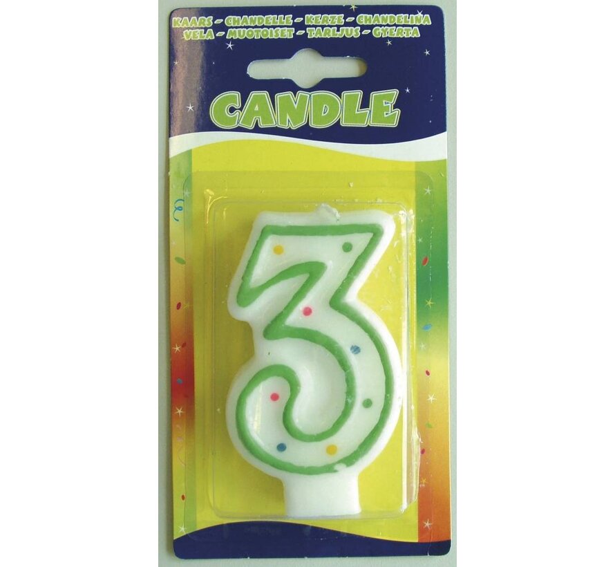 Verjaardagskaars 3 jaar - wit met gekleurde stippen