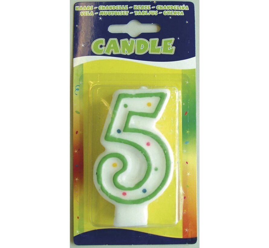 Verjaardagskaars 5 jaar - wit met gekleurde stippen