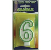 Verjaardagskaars 6 jaar - wit met gekleurde stippen