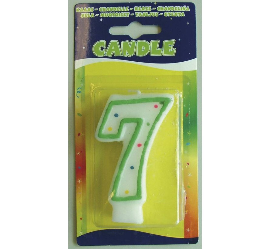 Verjaardagskaars 7 jaar - wit met gekleurde stippen