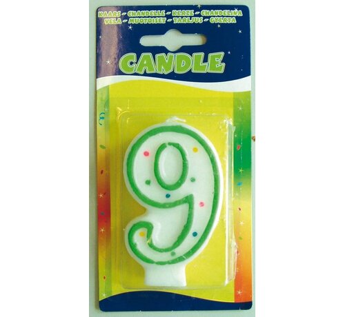 Verjaardagskaars 9 jaar - wit met gekleurde stippen