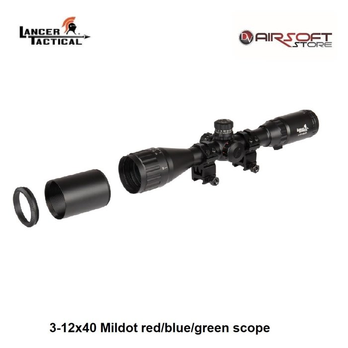 Lancer Tactical Rifle Scope 3-12x40 Mildot red/blue/green scope