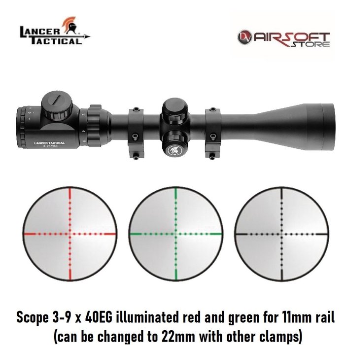 Lancer Tactical Scope 3-9 x 40EG illuminated red and green for 11mm rail