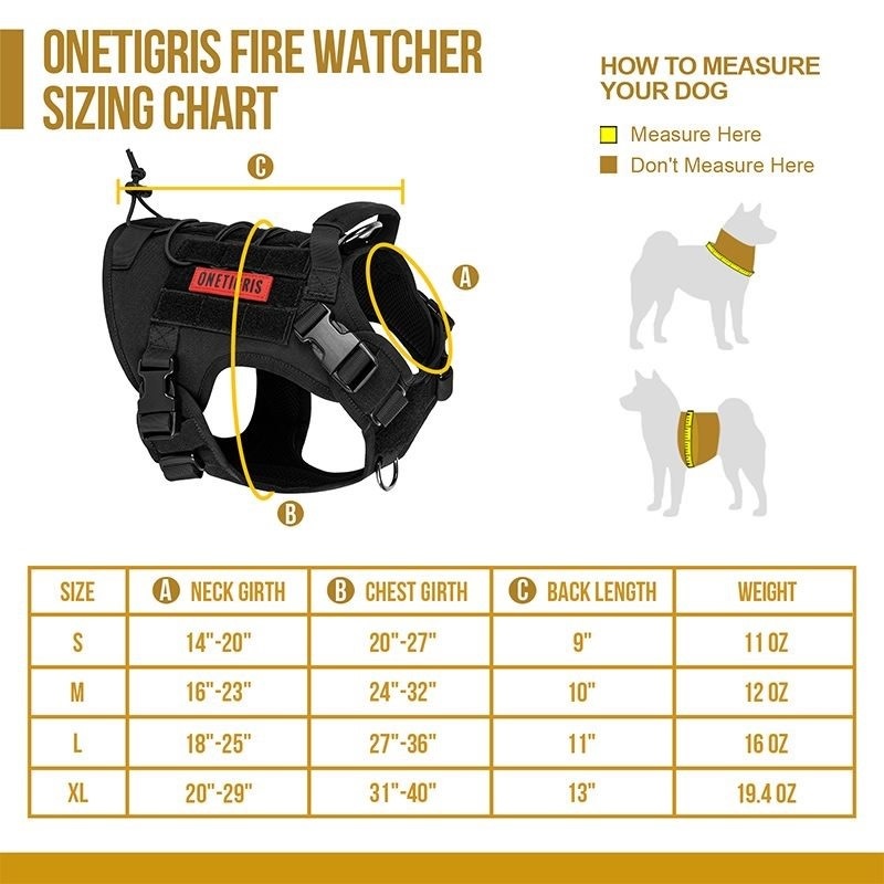 ONETIGRIS FIRE WATCHER 2.0 Tactical Dog Harness, Black, Medium, Chest Girth  24-32-in 