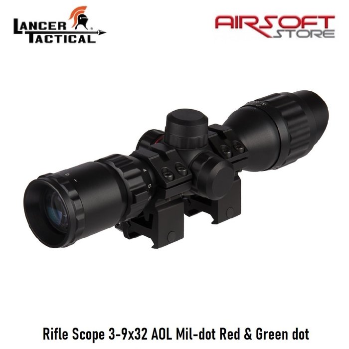Lancer Tactical Rifle Scope 3-9x32 AOL Mil-dot Red & Green dot